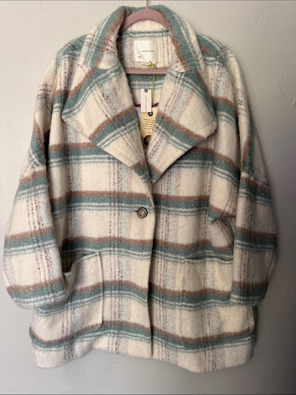 Anthropologie Cream Plaid Pea Coat with Blue-Green and Brown Stripes